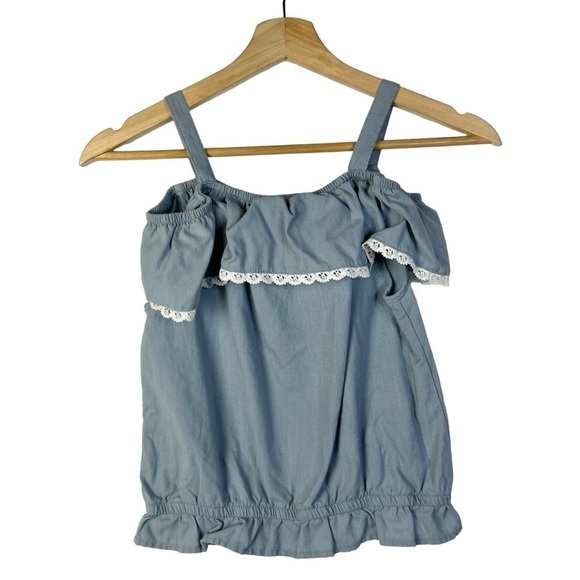 Forever Me Light Blue Denim Lace Ruffle Button Front Short Sleeve L - Picture 2 of 4